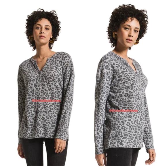 #T82 Z Supply Split Neck Thermal Top Leopard Print SZ M $69 - Picture 2 of 14